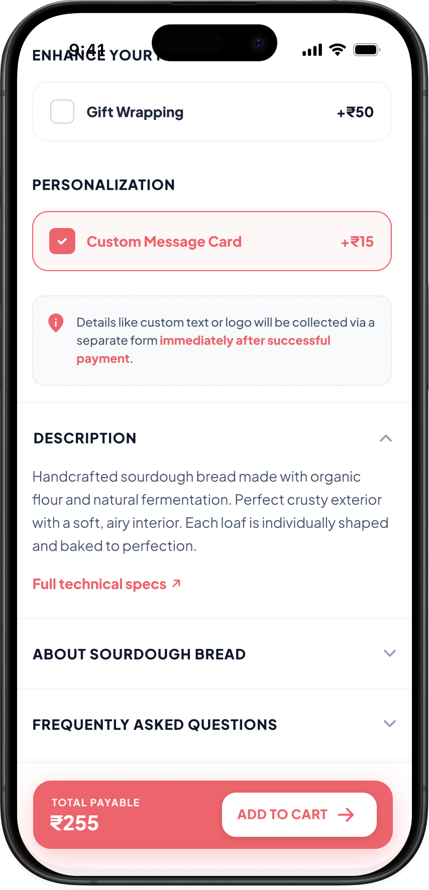 Product detail — personalisation options and description